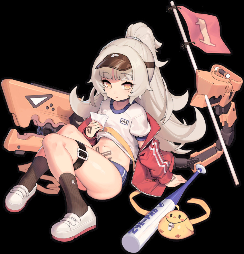 1girl, ass, azur_lane, baby_animal, baseball_bat, bird, black_socks, blue_buruma, buruma, chick, clothes_lift, female_focus, flag, grey_hair, gym_uniform, highres, jacket, kinjo_kuromomo, leg_belt, loafers, long_hair, long_sleeves, looking_at_viewer, manjuu_(azur_lane), midriff, name_tag, navel, official_alternate_costume, official_art, open_clothes, open_jacket, parted_lips, ponytail, pubic_tattoo, red_jacket, ribbed_legwear, rigging, shirt, shirt_lift, shoes, short_sleeves, socks, solo, stomach, tattoo, thighs, transparent_background, visor_cap, white_shirt, white_shoes, yellow_eyes, z46_(azur_lane), z46_(girls'_relay)_(azur_lane)