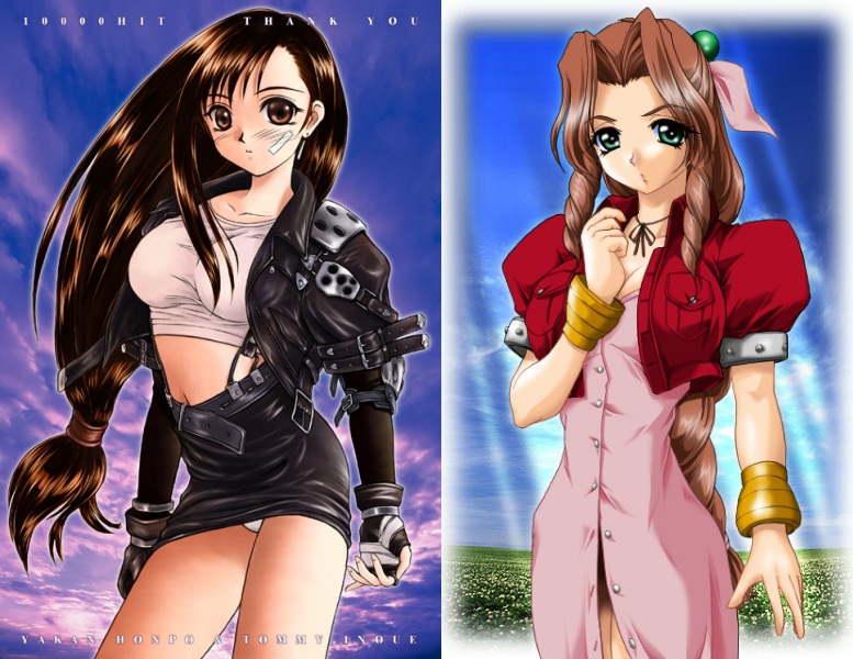 1990s_(style), 2girls, aerith_gainsborough, bow, breasts, cloud, collage, cropped_jacket, day, dress, final_fantasy, final_fantasy_vii, inoue_tomii, jacket, leather, leather_jacket, long_hair, low-tied_long_hair, multiple_girls, pencil_skirt, pink_bow, pink_dress, retro_artstyle, shirt, skirt, sky, taut_clothes, taut_shirt, tifa_lockhart