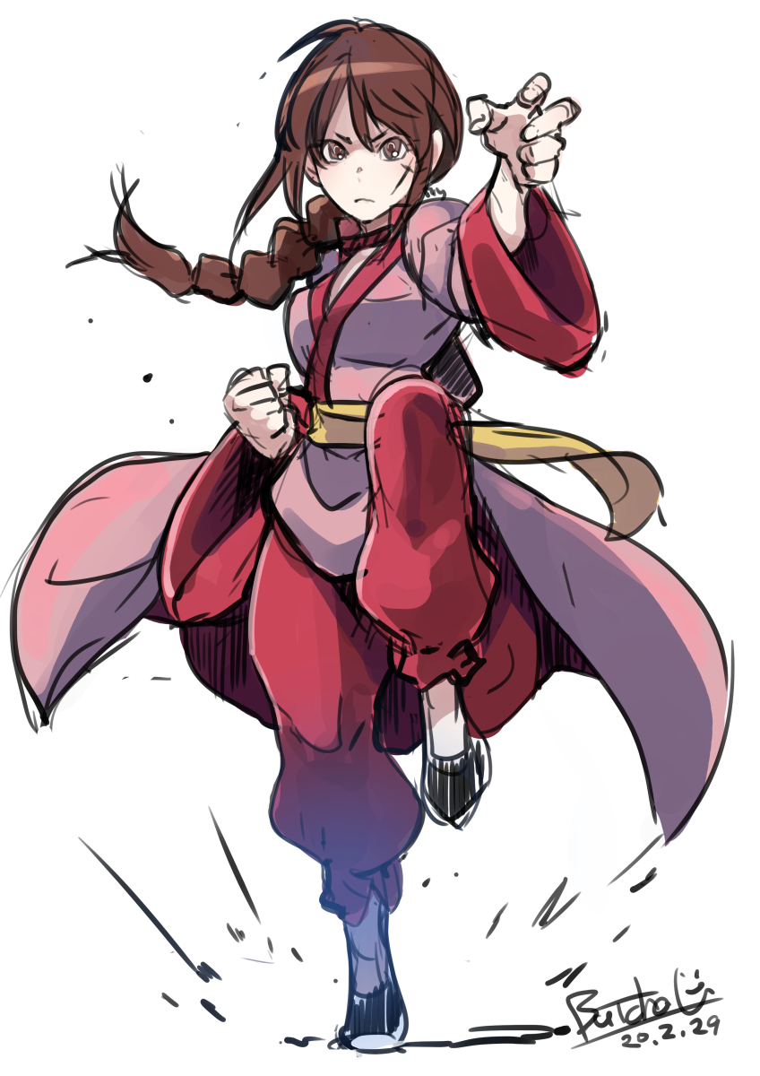 1girl, braid, breasts, brown_eyes, brown_hair, butcha-u, clenched_hand, facial_scar