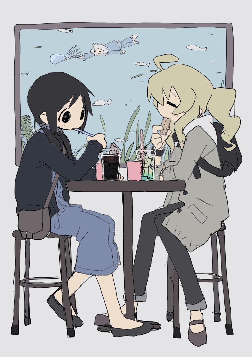 2girls, ahoge, backpack, bag, black_hair, black_pants, blonde_hair, blue_dress