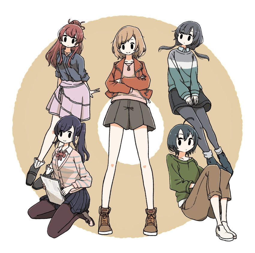 5girls, ahoge, arms_behind_back, black_hair, bow, bowtie, brown_hair, capri_pants
