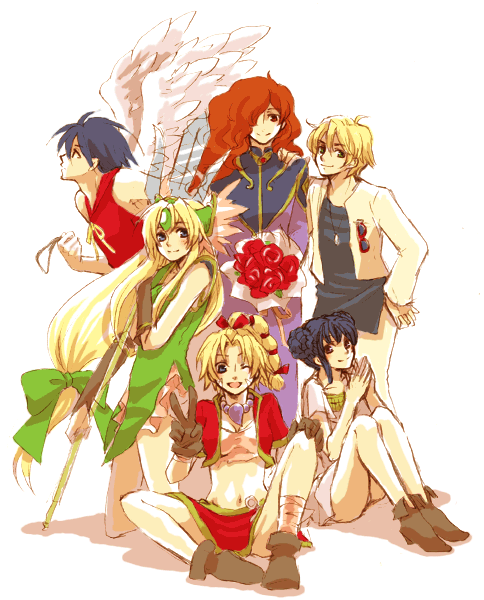 00s, 1990s_(style), 2boys, 4girls, bad_id, bad_pixiv_id, black_hair, blonde_hair, bouquet, chrono_(series), chrono_cross, creator_connection, crossover, daisuke_aurora, dararira, flower, heat_guy_j, kid_(chrono_cross), long_hair, low-tied_long_hair, multi-tied_hair, multiple_boys, multiple_crossover, multiple_girls, navel, one_eye_closed, retro_artstyle, riesz, rose, seiken_densetsu, seiken_densetsu_3, tenkuu_no_escaflowne, tony_(toward_the_terra), toral26, toward_the_terra, v, van_fanel, wings, wink