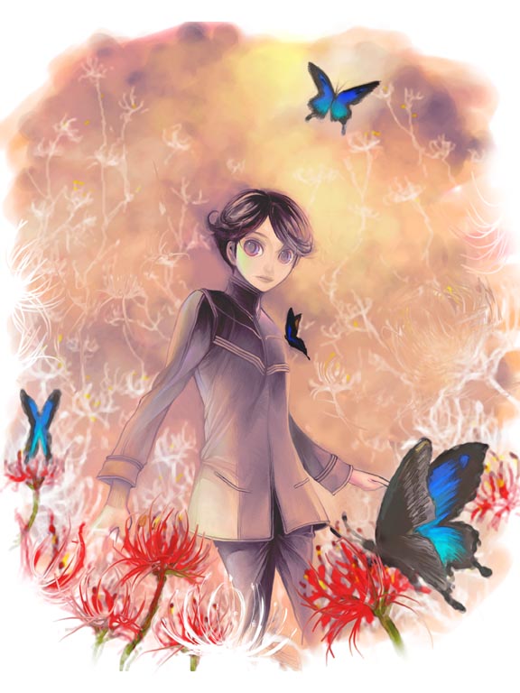 1boy, bad_id, bad_pixiv_id, bug, butterfly, flower, hoshino_tane, insect