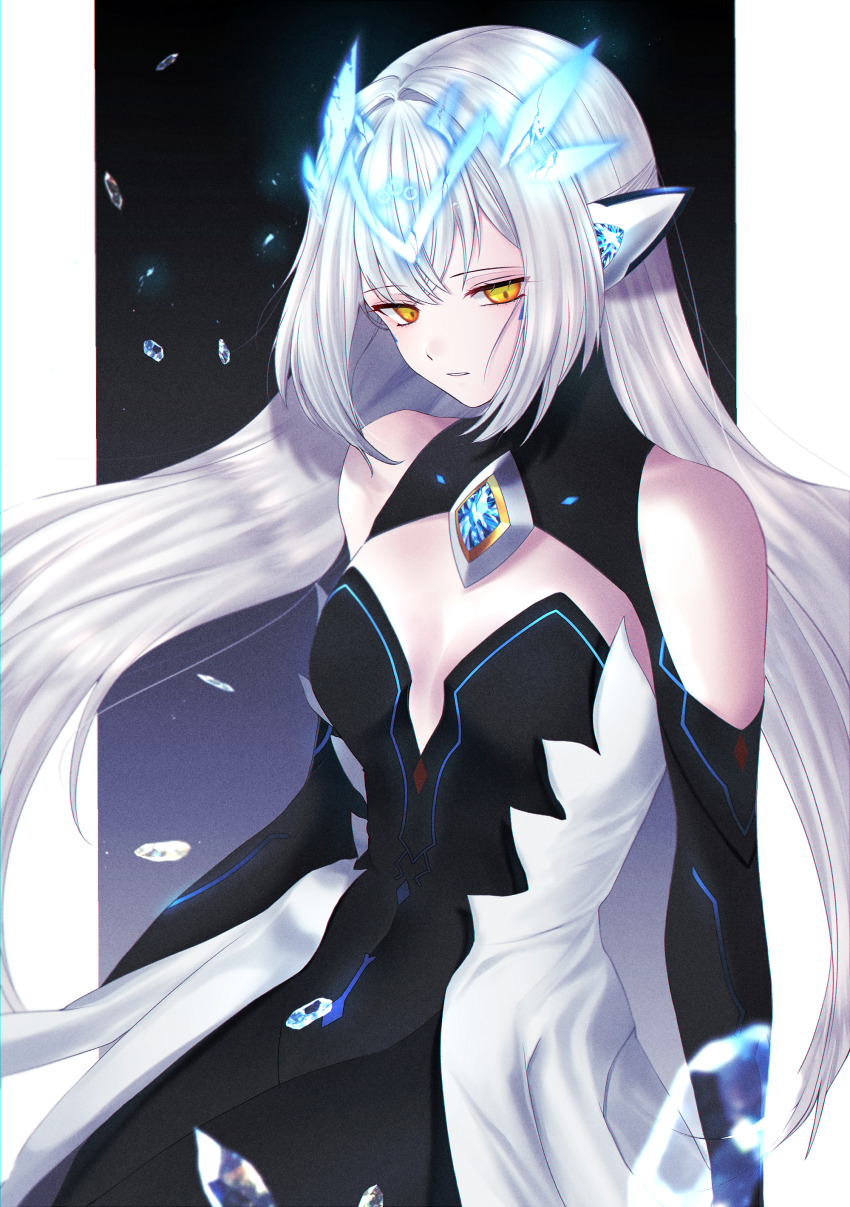 1girl, absurdres, black_dress, breasts, cleavage, code:_sariel_(elsword), covered_navel, dress