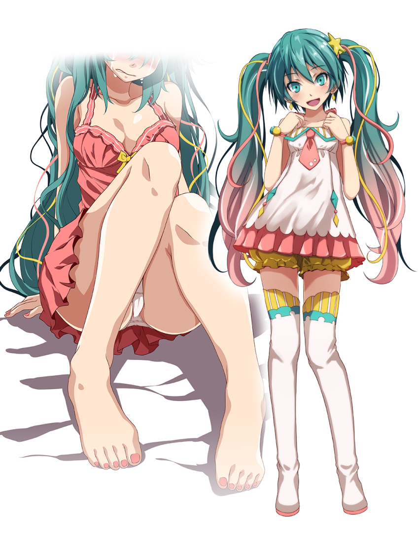 1girl, :d, bare_shoulders, blue_eyes, boots, breasts, cameltoe, cleavage, clenched_teeth, collarbone, crying, dress, earrings, feet, full_body, gradient_hair, green_hair, hair_between_eyes, hair_ornament, hair_ribbon, hatsune_miku, hatsune_miku_(twinkle_star), head_tilt, highres, jewelry, long_hair, looking_at_viewer, medium_breasts, miniskirt, multicolored_hair, multiple_views, nail_polish, open_mouth, panties, pantyshot, pink_dress, pink_hair, pink_nails, pink_ribbon, pink_skirt, pleated_skirt, project_diva_(series), ribbon, shirt, short_dress, short_shorts, shorts, shorts_under_dress, simple_background, sitting, skirt, sleeveless, sleeveless_dress, sleeveless_shirt, smile, standing, star_(symbol), star_hair_ornament, striped_clothes, striped_thighhighs, teeth, thigh_boots, thighhighs, toenail_polish, toenails, toes, tsukishiro_saika, underwear, vertical-striped_clothes, vertical-striped_thighhighs, very_long_hair, vocaloid, white_background, white_footwear, white_panties, white_shorts, white_thighhighs, yellow_ribbon, yellow_shorts, yellow_thighhighs, zettai_ryouiki