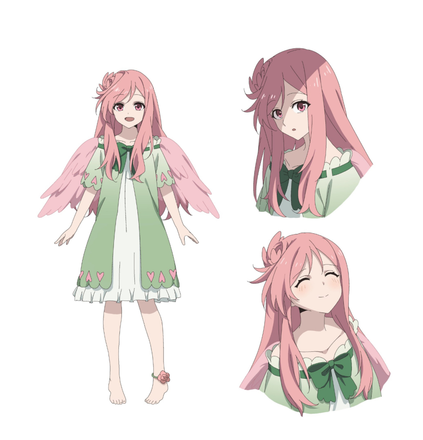 1girl, barefoot, bird_wings, blush, closed_eyes, dress, female_focus, green_dress