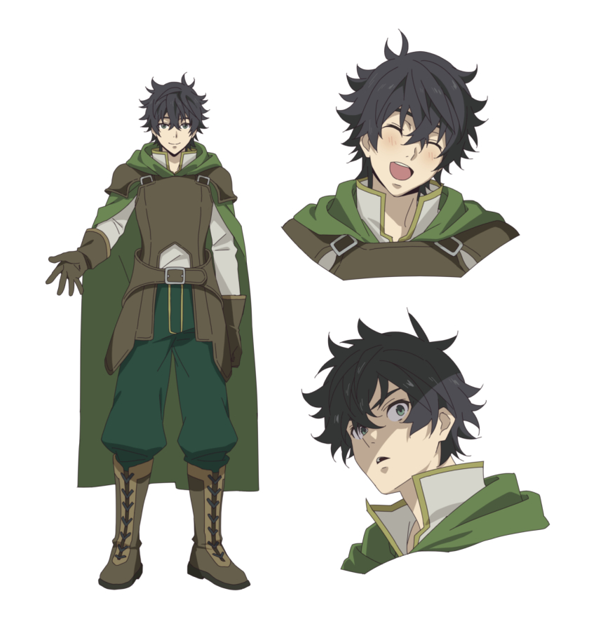 1boy, boots, brown_hair, cape, cloak, closed_eyes, gloves, green_cape