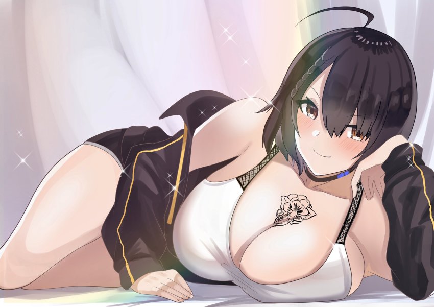 1girl, abi_(abimel10), ahoge, azur_lane, baltimore_(azur_lane), baltimore_(black_ace)_(azur_lane), bare_shoulders, black_jacket