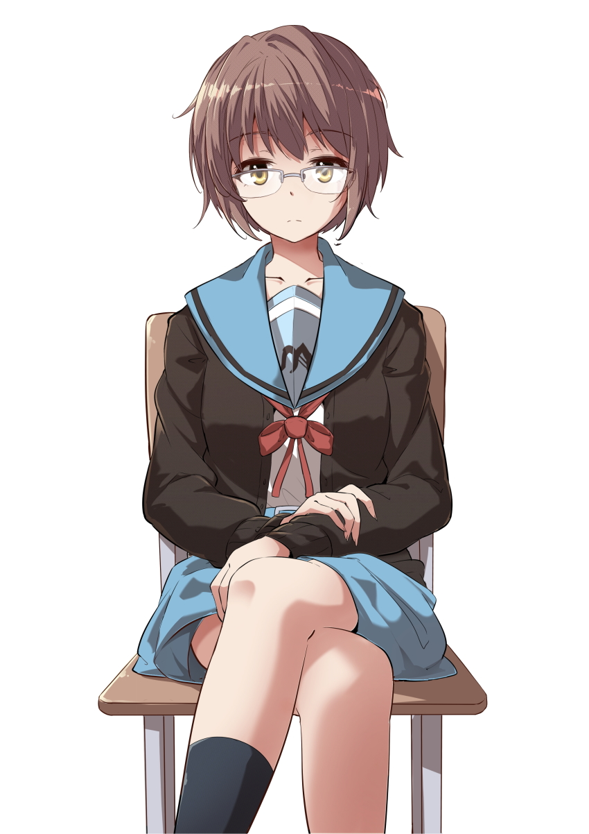 1girl, absurdres, blue_sailor_collar, blue_skirt, brown_eyes, cardigan, chair, closed_mouth, crossed_legs, female_focus, glasses, highres, kita_high_school_uniform, long_sleeves, looking_at_viewer, nagato_yuki, purple_hair, sailor_collar, school_uniform, serafuku, shinjin_kootoko, short_hair, simple_background, sitting, skirt, solo, suzumiya_haruhi_no_yuuutsu, white_background
