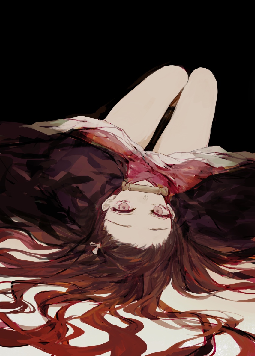 1girl, absurdres, bad_id, bad_pixiv_id, bamboo, bare_legs, bit_gag, black_hair, brown_jacket, female_focus, gag, gradient_hair, hair_ribbon, haori, highres, jacket, japanese_clothes, kamado_nezuko, kimetsu_no_yaiba, kimono, long_hair, looking_at_viewer, lying, multicolored_hair, on_back, pink_eyes, pink_kimono, pink_ribbon, ray_sr, ribbon, solo, very_long_hair