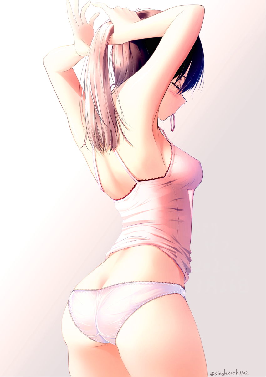 1girl, adjusting_hair, armpits, arms_behind_head, arms_up, ass, back, bare_arms
