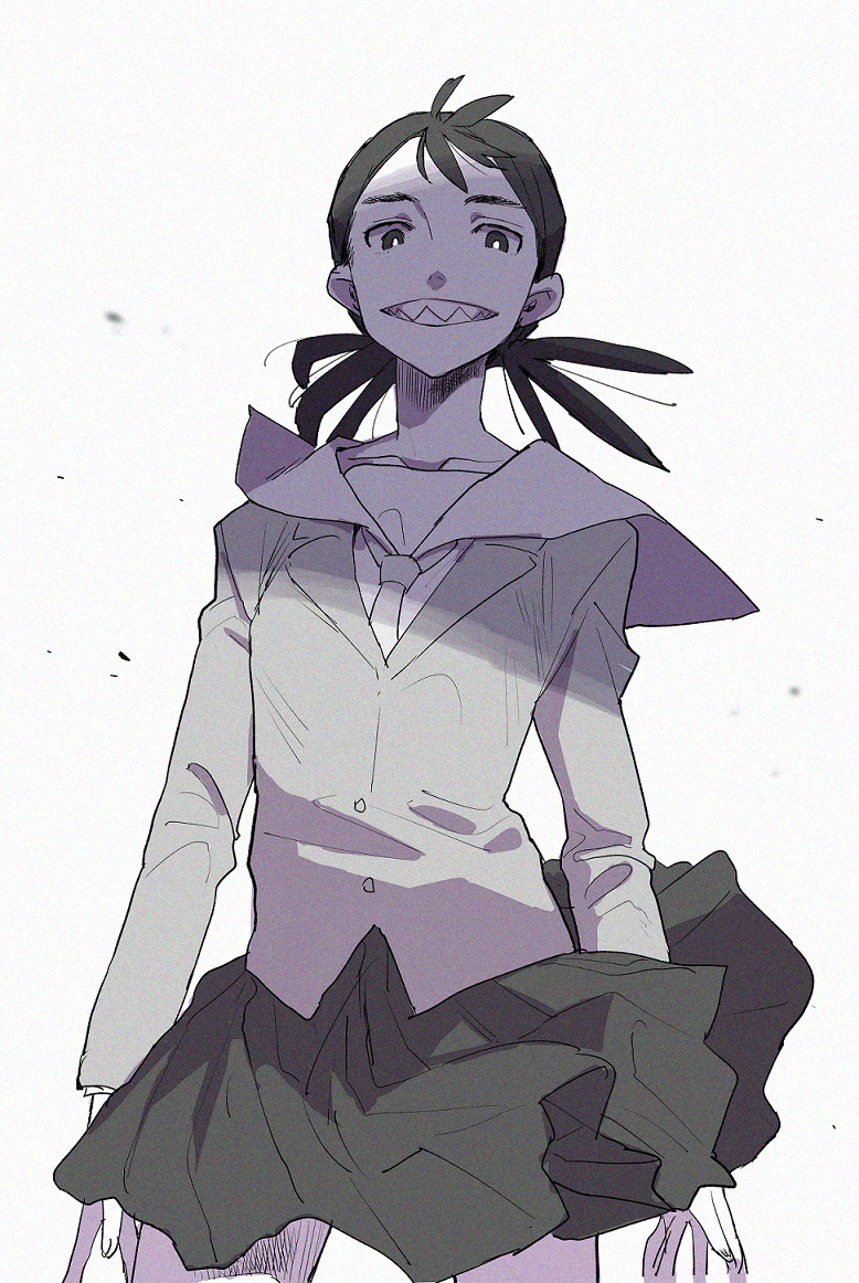 1girl, ashima_kyuu, bad_id, bad_pixiv_id, blazer, eizouken_ni_wa_te_wo_dasu_na!, female_focus, greyscale, grin, jacket, katsuoboshi, long_hair, looking_at_viewer, monochrome, pleated_skirt, school_uniform, sharp_teeth, simple_background, skirt, smile, solo, teeth, twintails, white_background