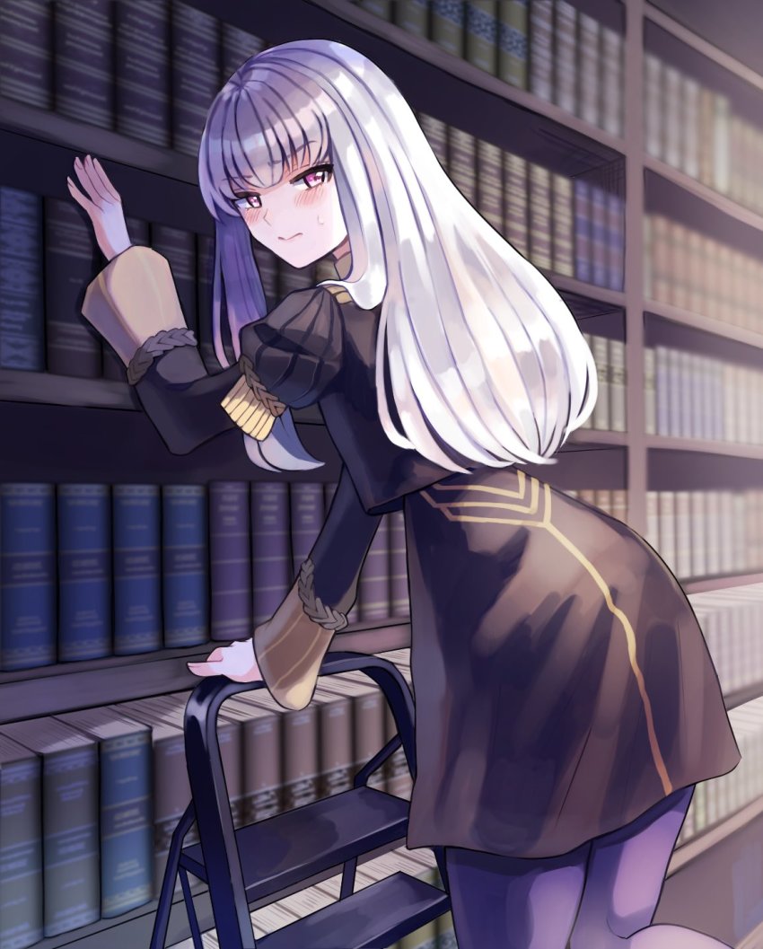 1girl, blue_pantyhose, blush, book, closed_mouth, female_focus, fire_emblem, fire_emblem:_three_houses, garreg_mach_monastery_uniform, highres, ladder, library, long_hair, long_sleeves, looking_at_viewer, looking_back, lysithea_von_ordelia, nintendo, pantyhose, pink_eyes, seuyu_majin, solo, stepladder, sweatdrop, white_hair