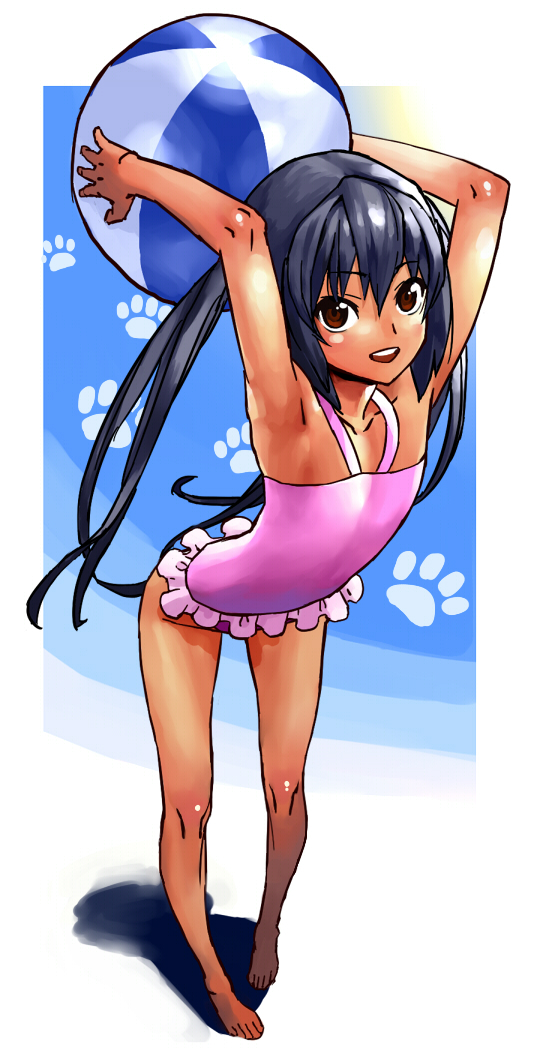 00s, 1girl, armpits, ball, barefoot, beachball, black_hair, brown_eyes