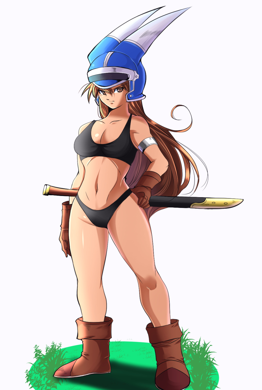 1girl, armlet, bare_shoulders, black_panties, breasts, brown_eyes, brown_gloves, brown_hair, cleavage, closed_mouth, daisy_(dq), dragon_quest, dragon_quest_yuusha_abel_densetsu, fake_horns, female_focus, gloves, helmet, highres, horned_helmet, horns, jewelry, long_hair, looking_at_viewer, medium_breasts, panties, ri~hu, simple_background, solo, standing, sword, underwear, weapon, white_background