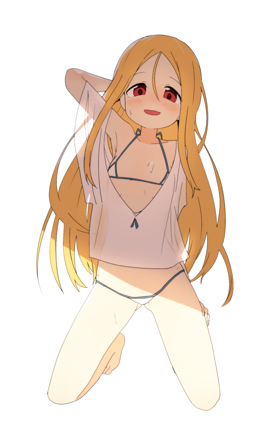 1girl, absurdres, bikini, blonde_hair, blush, bural_chingu, female_focus, flat_chest, full_body, hair_between_eyes, highres, lee_ji-min, long_hair, looking_at_viewer, luke_(dydansgur), red_eyes, shade, simple_background, smile, solo, swimsuit, tareme, wet, white_background