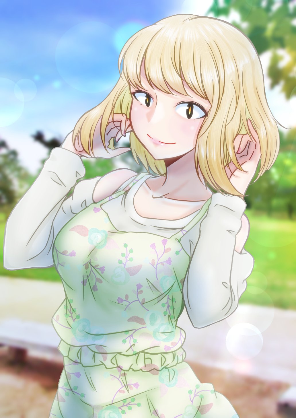 1girl, arms_up, blonde_hair, blouse, breasts, brown_eyes, dress, female_focus