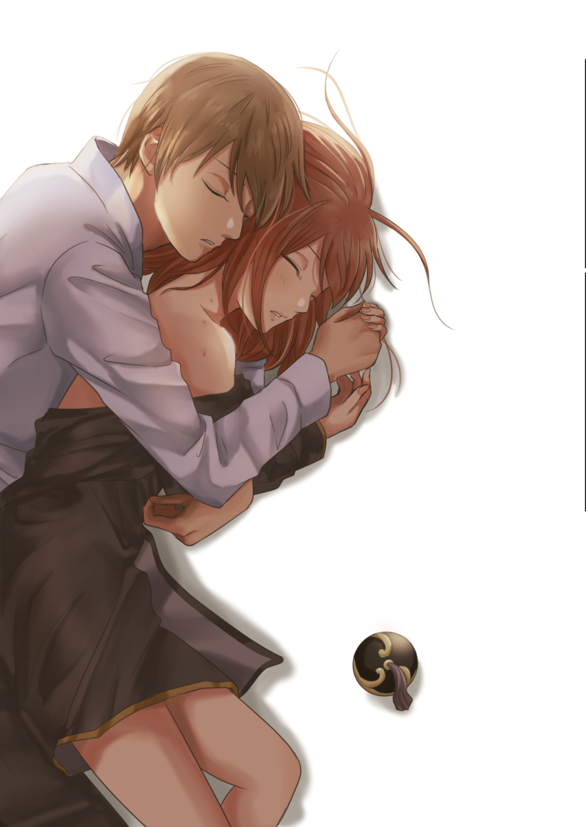 1boy, 1girl, absurdres, aftersex, bite_mark, black_jacket, black_pants, brown_hair