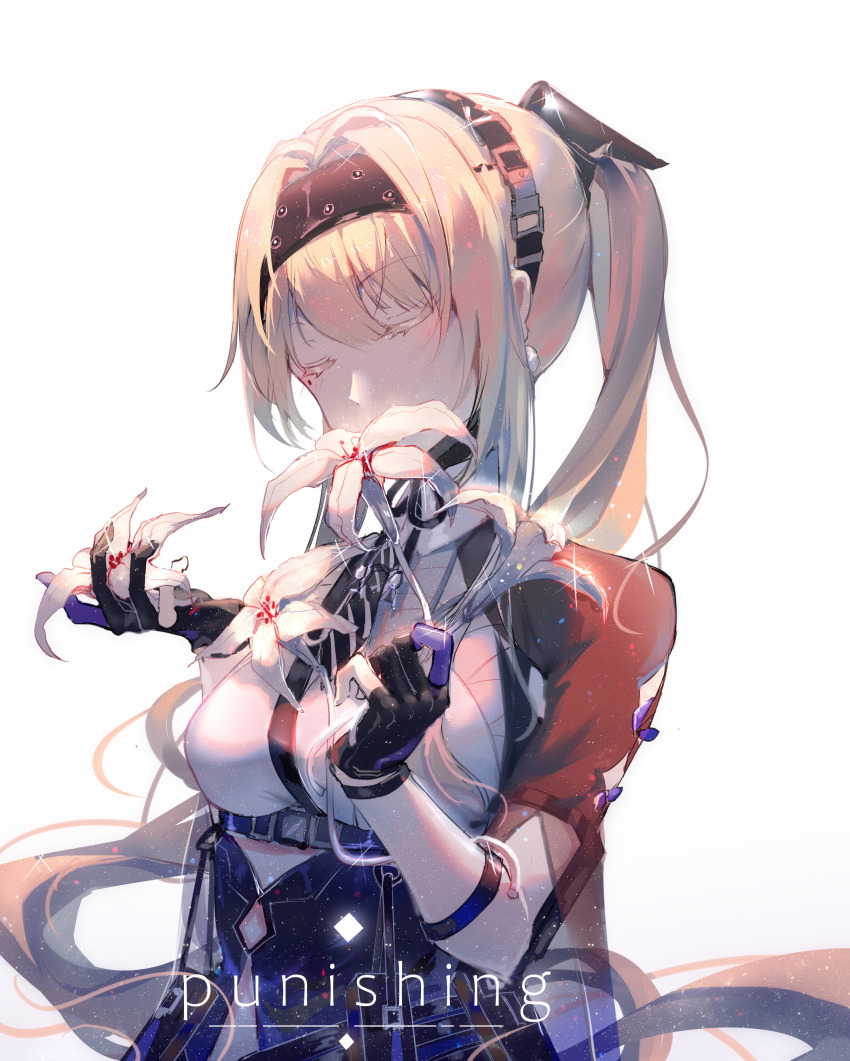 1girl, absurdres, bianca_(pgr), black_gloves, black_hairband, black_necktie, black_ribbon, blonde_hair