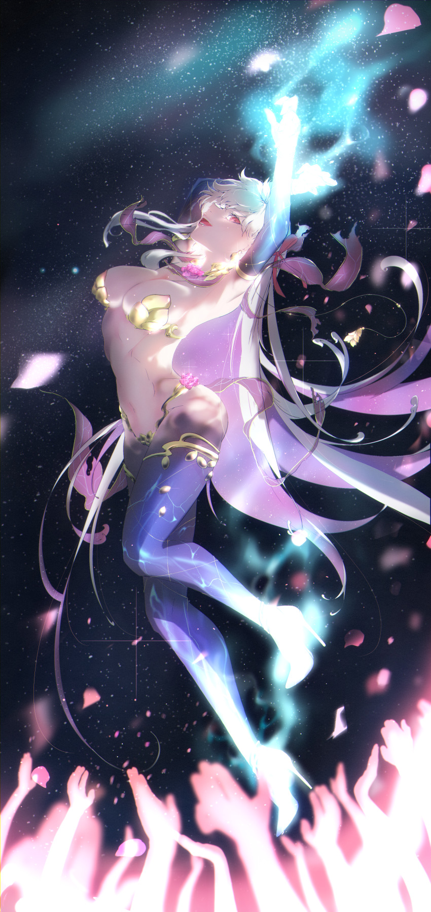 1girl, absurdres, armlet, armor, armpits, arms_up, bikini_armor, blue_fire