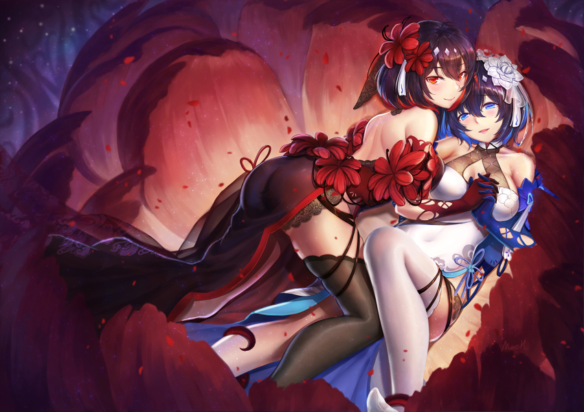 2girls, ass, asymmetrical_gloves, back, backless_dress, backless_outfit, bare_shoulders, black_dress