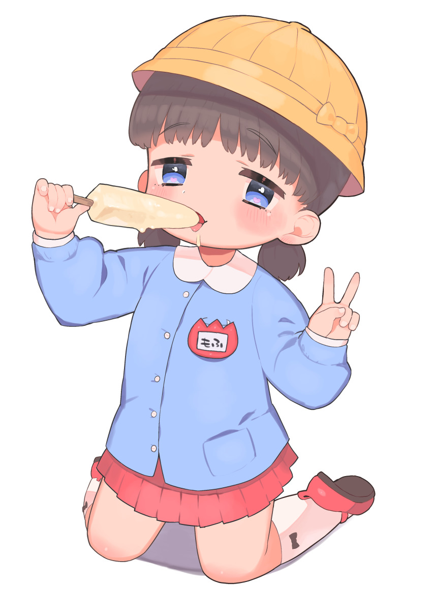 1girl, absurdres, blush, bow, bow_legwear, child, female_focus, flat_chest, food, full_body, hat, hat_bow, highres, holding, holding_food, holding_ice_cream, ice_cream, kindergarten_uniform, kneeling, long_sleeves, nintendo, pleated_skirt, pokemon, pokemon_black_and_white, preschooler_(pokemon), school_hat, shoes, skirt, solo, toranoe, v, white_legwear, yellow_hat