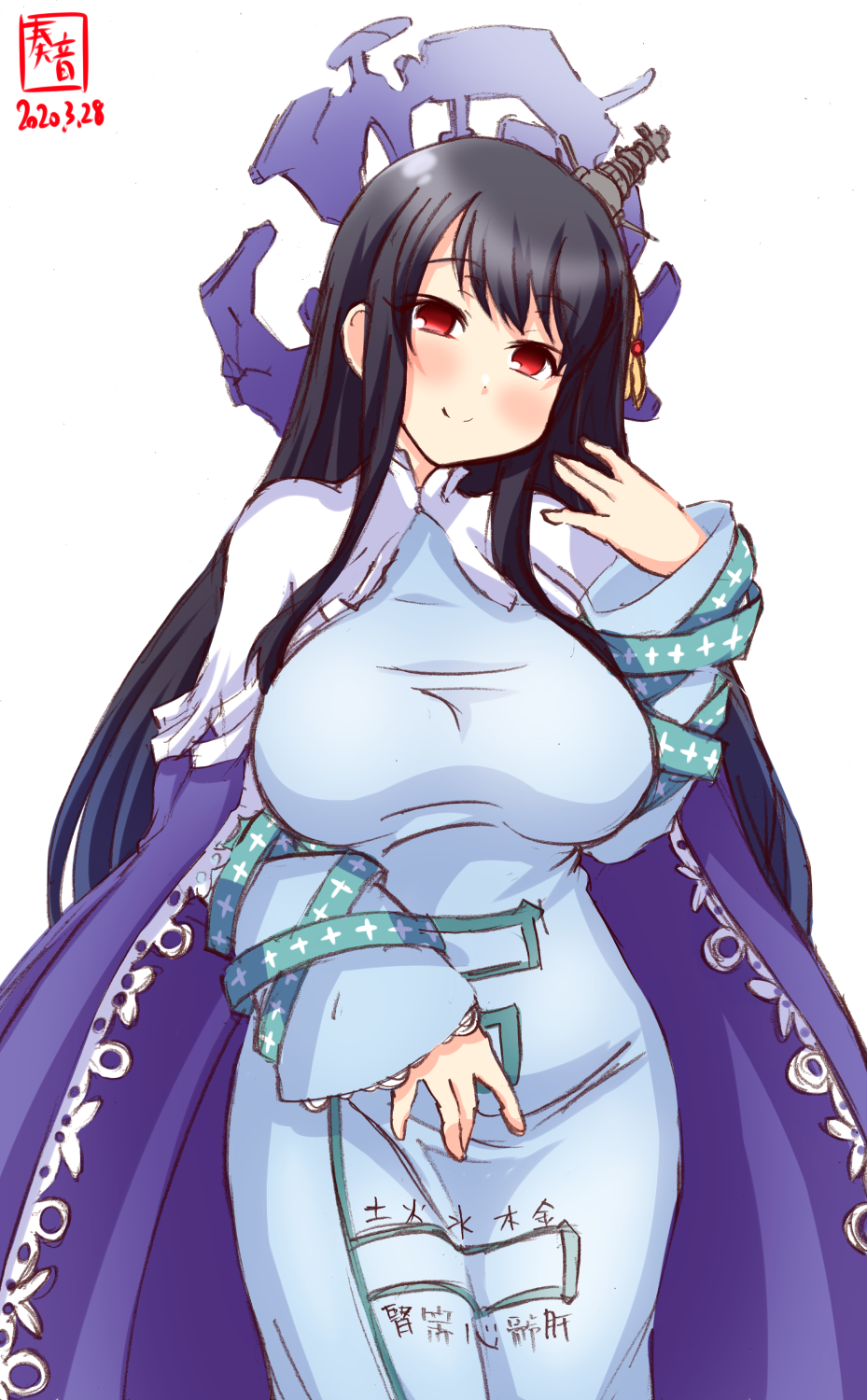 1girl, alternate_costume, artist_logo, black_hair, blue_cape, blue_dress, breasts, cape