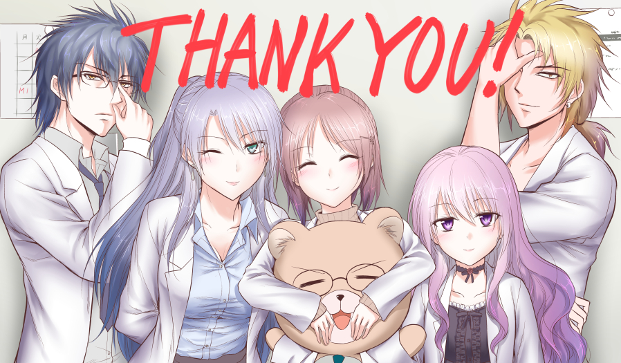 2boys, 3girls, adjusting_eyewear, arms_behind_head, black_dress, black_hair, blonde_hair, blue_eyes