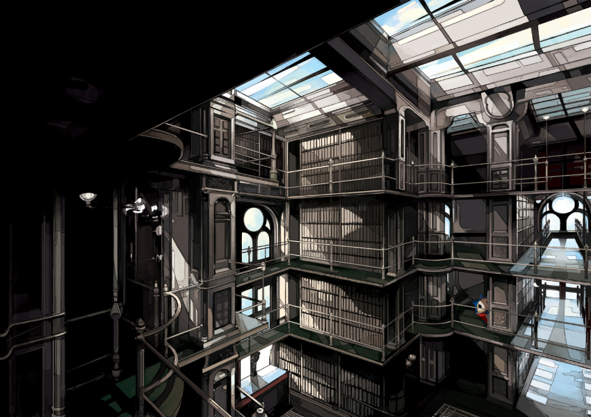 atlus, building, indoors, isuzu_(uzushi), kuma_(persona_4), no_humans, peeking, persona