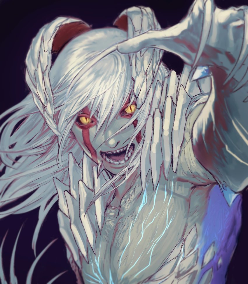 1boy, arm_up, black_background, black_sclera, collarbone, colored_sclera, colored_skin, devil_may_cry_(series)