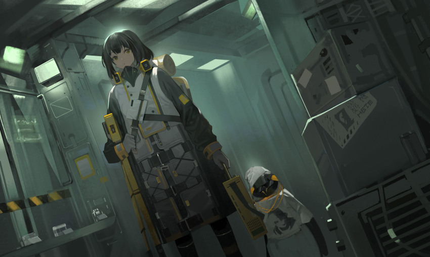 1girl, absurdres, arknights, backpack, bag, bird, black_hair, gloves