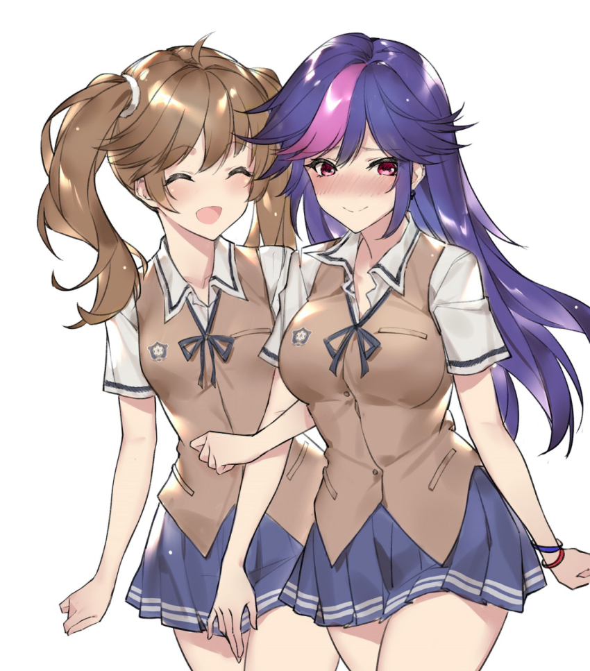 2girls, :d, ^_^, blue_hair, blush, breasts, brown_hair, cardigan_vest