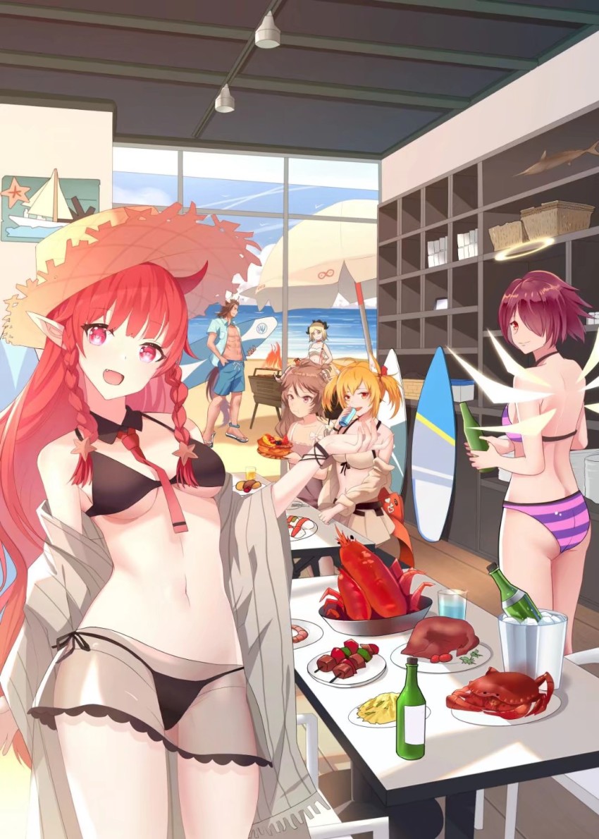 1boy, 5girls, :d, animal_ears, arknights, ass, bare_arms, bare_shoulders, beach_umbrella, bikini, black_bikini, blonde_hair, blue_shirt, bottle, braid, breasts, brown_hair, cowboy_shot, crab, cup, detached_collar, drinking_glass, exusiai_(arknights), eyjafjalla_(arknights), fire, food, from_behind, hair_over_one_eye, halo, hat, head_tilt, highres, horns, huziyu, ice, ice_cube, ifrit_(arknights), ifrit_(sunburn)_(arknights), indoors, long_hair, looking_at_viewer, looking_back, matterhorn_(arknights), matterhorn_(beach_guard)_(arknights), medium_breasts, miniskirt, multiple_girls, navel, necktie, off_shoulder, official_alternate_costume, open_clothes, open_mouth, open_shirt, pink_bikini, pink_eyes, pointy_ears, purple_bikini, red_hair, red_neckwear, see-through_clothes, shirt, shish_kebab, short_sleeves, single_horn, skirt, smile, sora_(arknights), sora_(summer_flowers)_(arknights), standing, stomach, striped_bikini, striped_clothes, sun_hat, surfboard, swimsuit, table, thighs, twin_braids, twintails, umbrella, very_long_hair, vigna_(arknights), vigna_(casual_vacation)_(arknights), white_bikini, wolf_ears