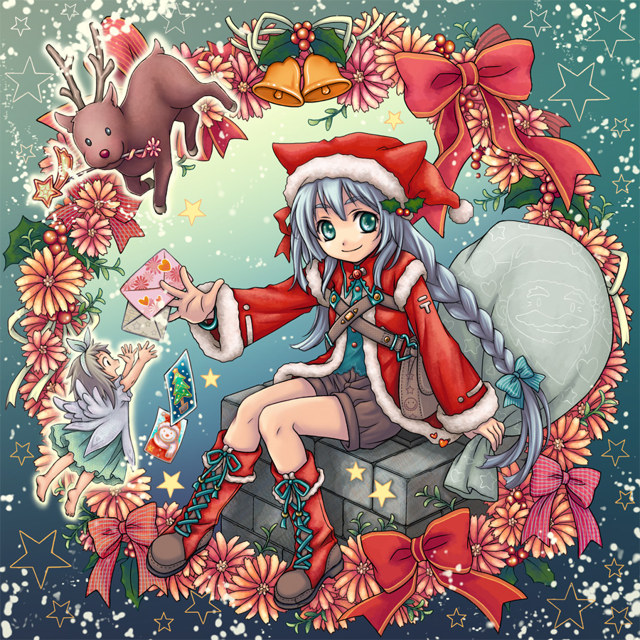1girl, animal_hat, aqua_eyes, bell, blue_hair, boots, bow, braid