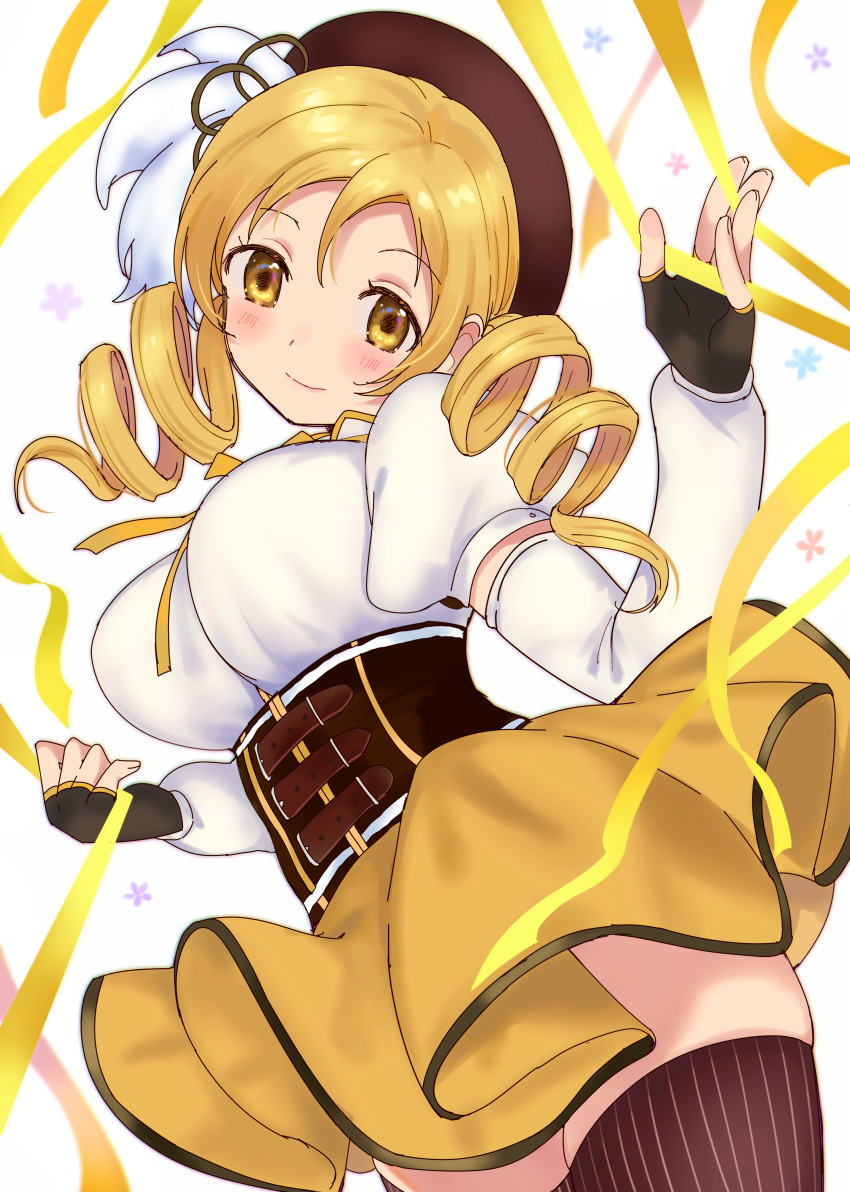 1girl, absurdres, arms_at_sides, beret, black_gloves, black_hat, black_thighhighs, blonde_hair