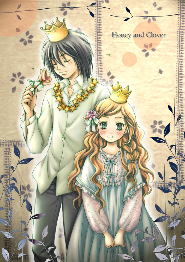 00s, black_hair, blonde_hair, blue_eyes, blush, crown, closed_eyes, flower, hanamoto_hagumi, hinonekoku, honey_and_clover, long_hair, morita_shinobu