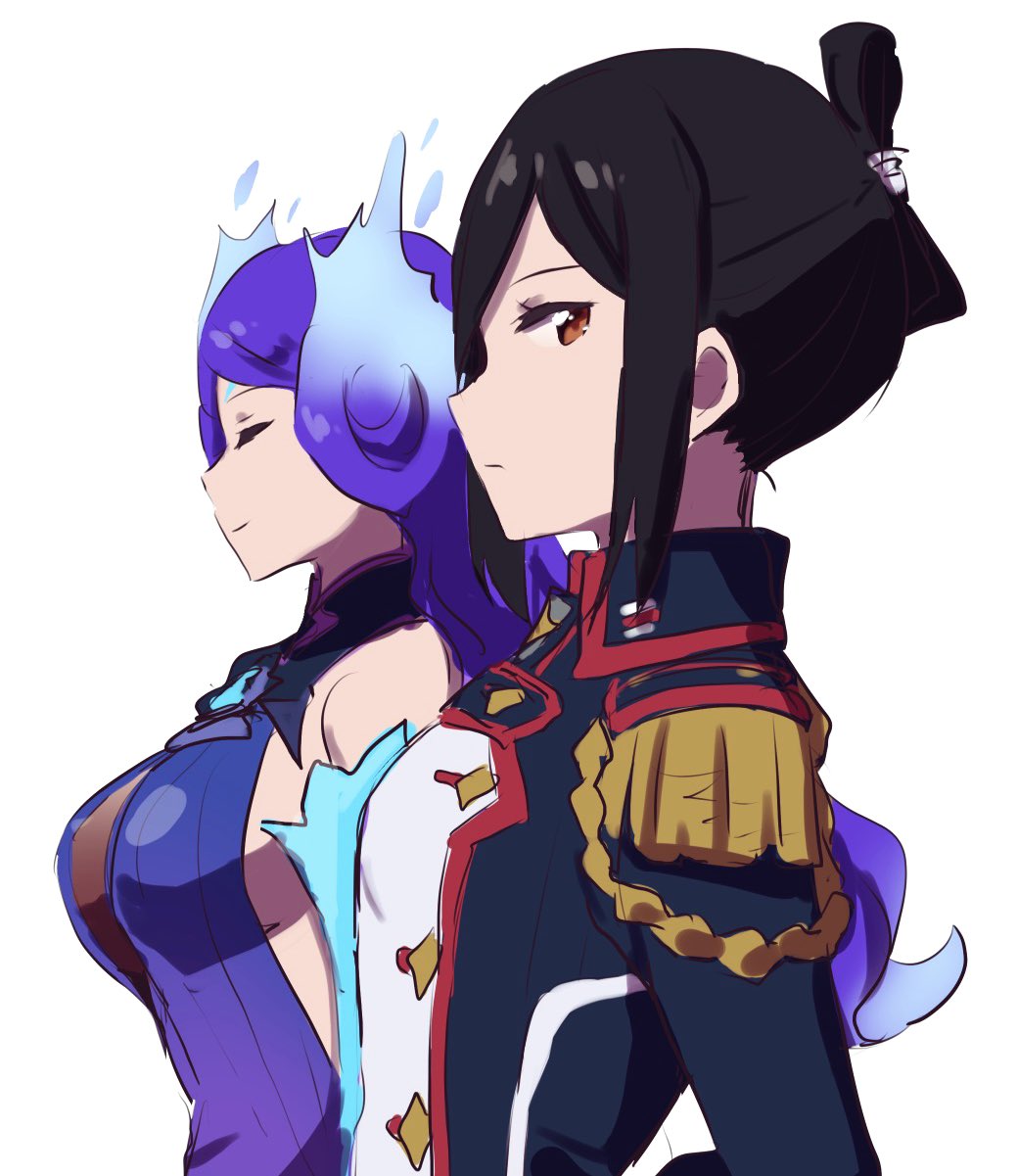 2girls, bad_id, bad_twitter_id, breasts, brighid_(xenoblade), fiery_hair, from_side, halterneck