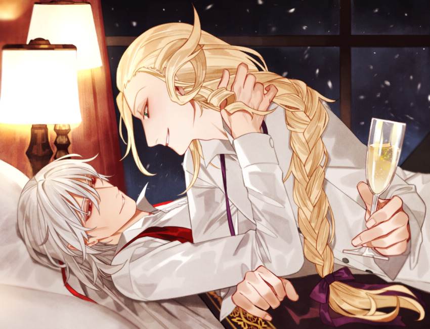 2boys, antonio_salieri_(fate), blonde_hair, bow, braid, champagne_flute, cup, drinking_glass