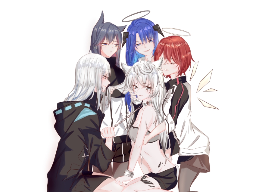 5girls, affectionate_harem, animal_ears, arknights, bandeau, bare_arms, bare_shoulders, black_capelet