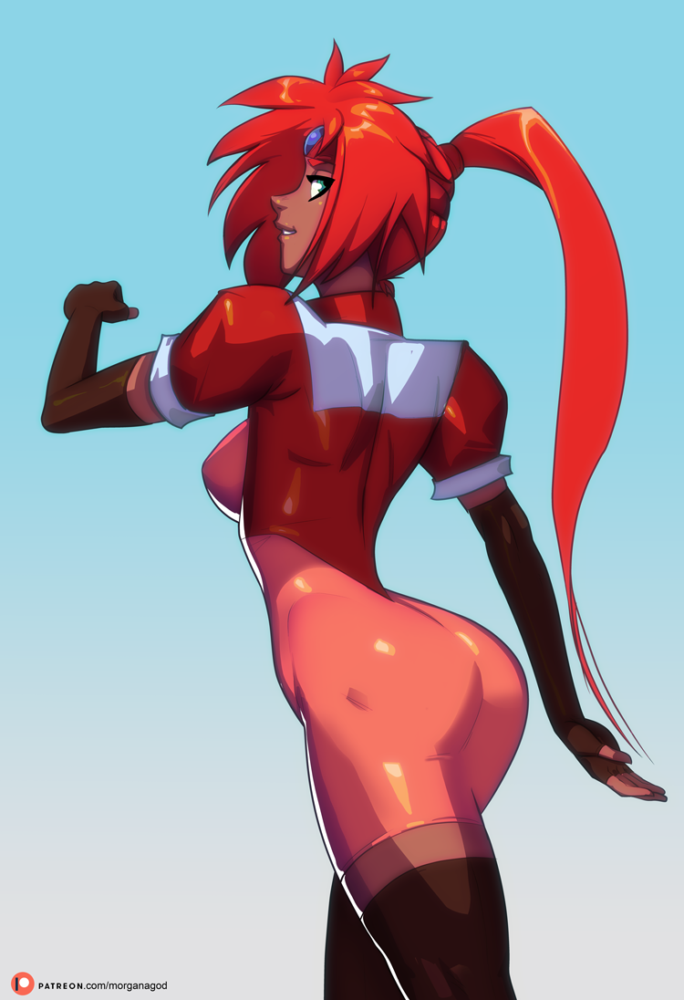 1girl, ass, black_boots, black_gloves, boots, breasts, commentary, dark-skinned_female, dark_skin, el_hazard, elbow_gloves, english_commentary, female_focus, fingerless_gloves, forehead_jewel, from_behind, gloves, green_eyes, headband, highleg, highleg_leotard, leotard, long_hair, looking_back, medium_breasts, morganagod, orange_hair, ponytail, red_leotard, see-through_clothes, see-through_legwear, shayla-shayla, solo, thigh_boots, thighhighs, thighhighs_under_boots, thong_leotard