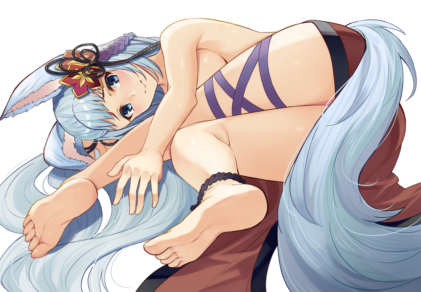 1girl, animal_ears, ankle_strap, bad_id, bad_pixiv_id, barefoot, breasts, erune