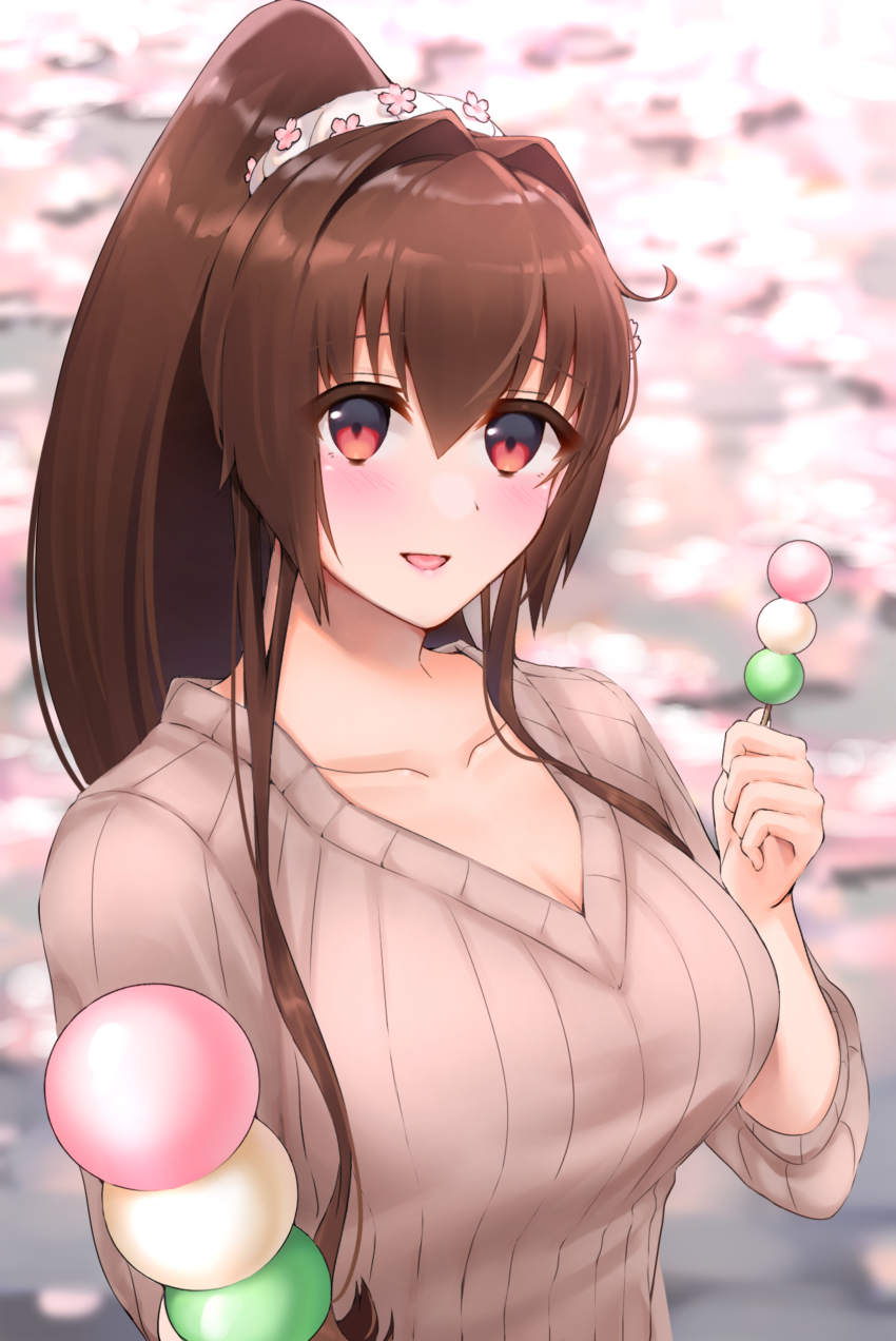 1girl, absurdres, ayuko91, blush, breasts, brown_eyes, brown_hair, brown_sweater