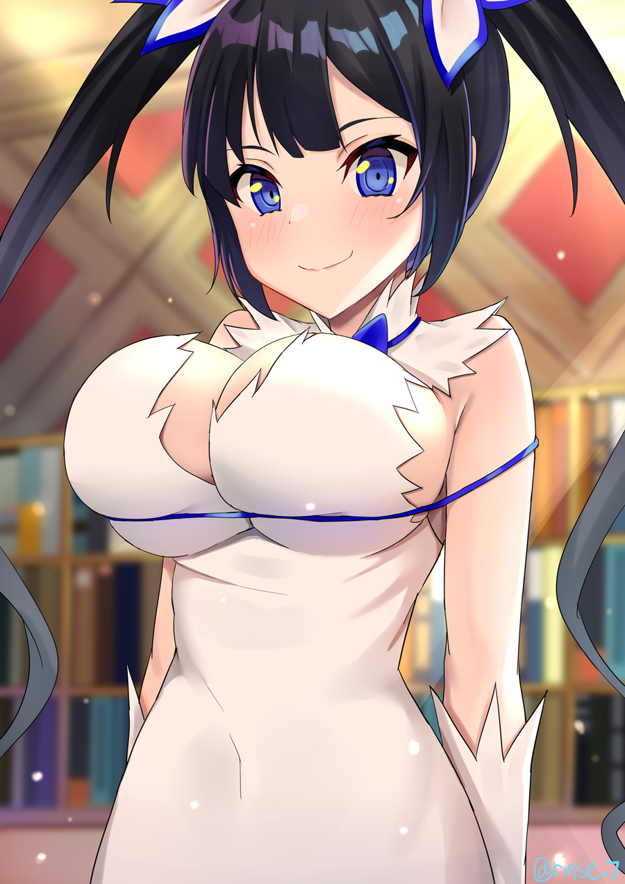 1girl, black_hair, blue_eyes, blue_ribbon, blurry, blurry_background, breasts, cleavage, cleavage_cutout, clothing_cutout, commentary, dress, dungeon_ni_deai_wo_motomeru_no_wa_machigatteiru_darou_ka, female_focus, gloves, hair_ribbon, hestia_(danmachi), highres, indoors, large_breasts, long_hair, looking_at_viewer, rei_no_himo, ribbon, rinse_7, solo, twintails, white_dress, white_gloves