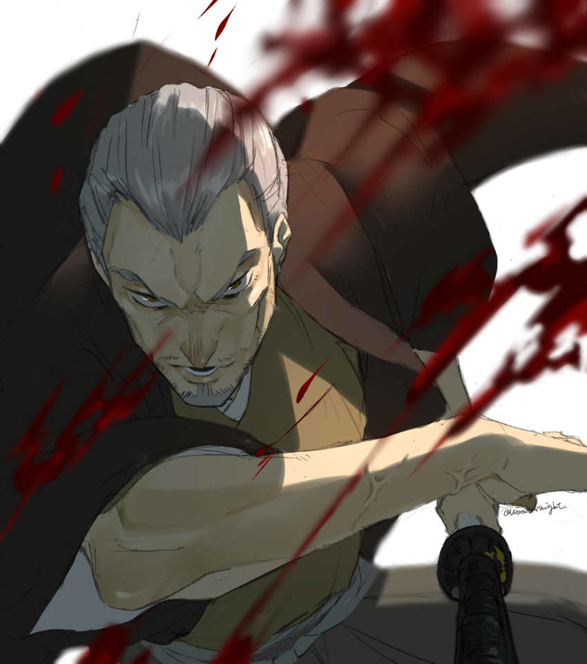 1boy, battoujutsu_stance, beard, blood, facial_hair, fate/grand_order, fate_(series), fighting_stance