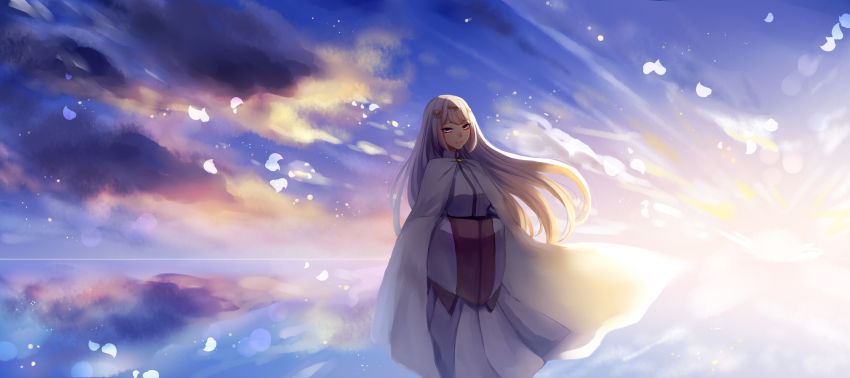 1girl, cape, cloud, day, female_focus, highres, long_hair, outdoors