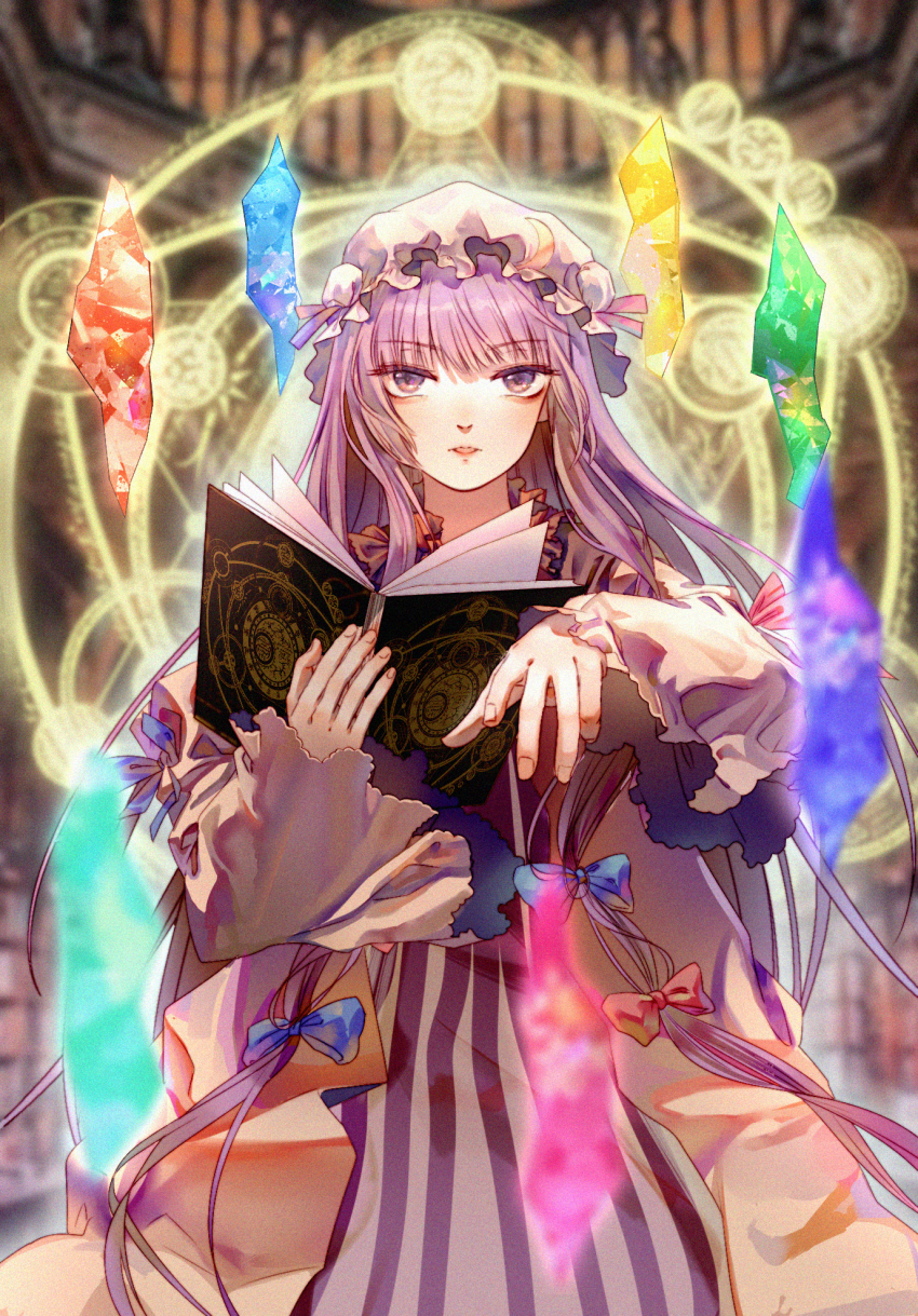 1girl, arms_up, blurry, blurry_background, blurry_foreground, book, bookshelf, casting_spell