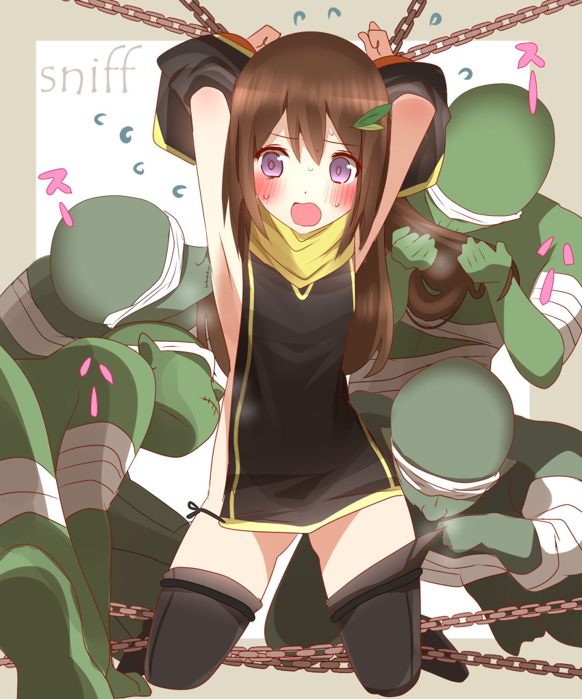 1girl, absurdres, armpits, arms_up, bandaged_arm, bandaged_leg, bandages, bare_shoulders