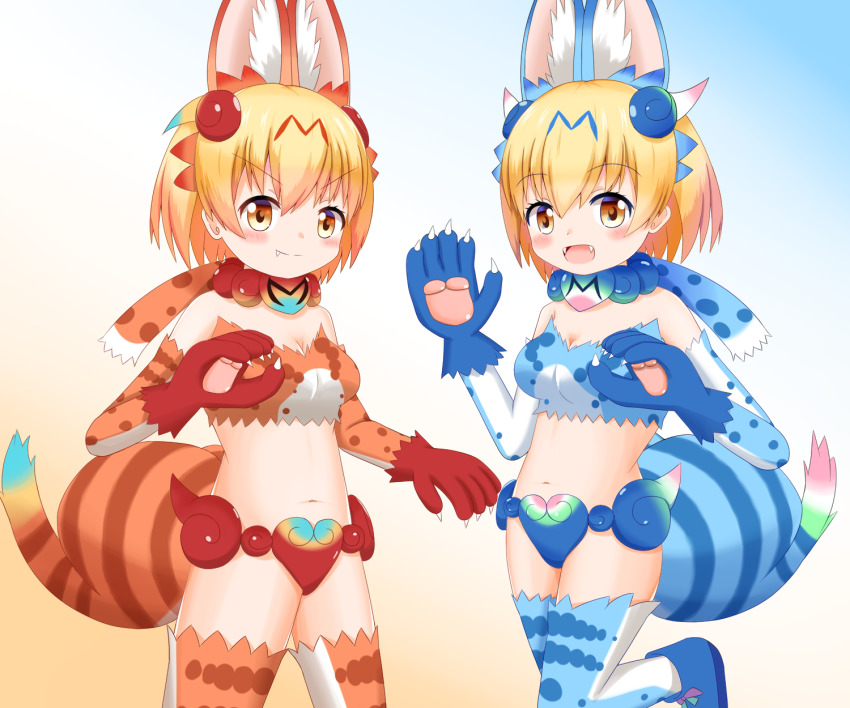 2girls, :d, animal_ear_fluff, animal_ears, animal_hands, bare_shoulders, blonde_hair, blue_background