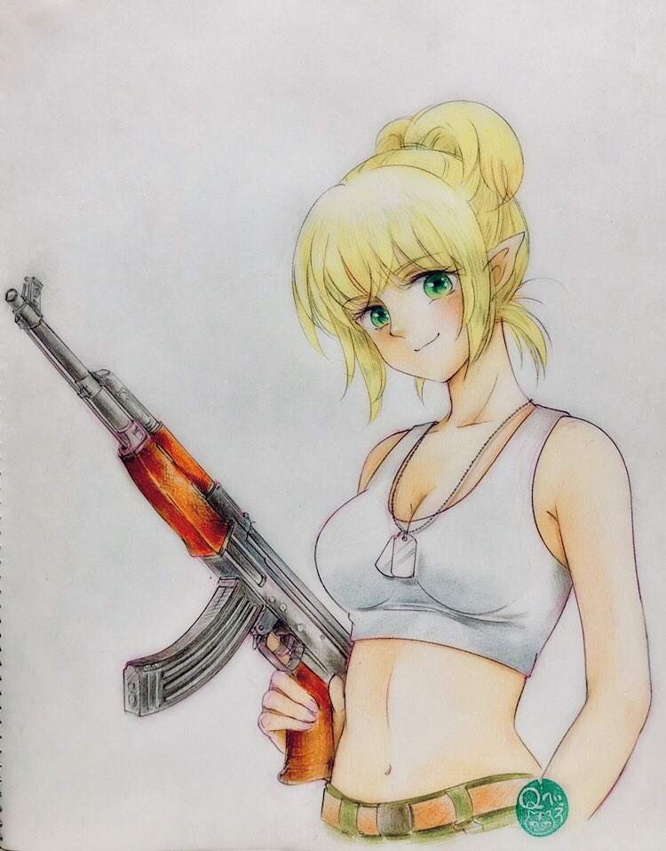1girl, ak-47, artist_logo, assault_rifle, belt, blonde_hair, breasts, brown_belt