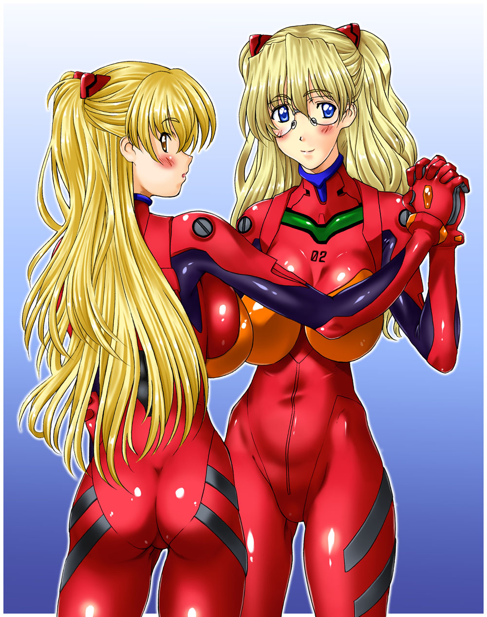2girls, :o, alternate_breast_size_(larger), arm_grab, ass, back, bad_id, bad_pixiv_id, blonde_hair, blue_background, blue_eyes, blush, bodysuit, bracer, breasts, breasts_apart, closed_mouth, cosplay, cowboy_shot, eyebrows, from_behind, glasses, gloves, gradient_background, hair_between_eyes, hand_on_own_thigh, hand_up, headgear, highres, hip_bones, holding_hands, huge_breasts, impossible_bodysuit, impossible_clothes, interlocked_fingers, kamia_(not_found), legs_apart, light_smile, long_hair, looking_at_viewer, looking_back, matsuoka_kiyone, mecha_pilot_suit, multiple_girls, narrow_waist, neon_genesis_evangelion, orange_eyes, original, outline, outstretched_arm, pince-nez, plugsuit_(cosplay), plugsuit_(evangelion), profile, rimless_eyewear, shiny_clothes, skin_tight, smile, souryuu_asuka_langley, souryuu_asuka_langley_(cosplay), standing, sugino_miyo, surprised, turtleneck, two_side_up, very_long_hair, wavy_hair